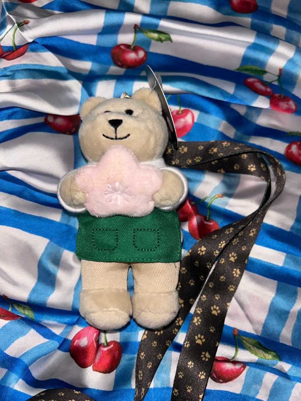 Starbucks Beige Bear Keychain with Pink Star and Green Outfit